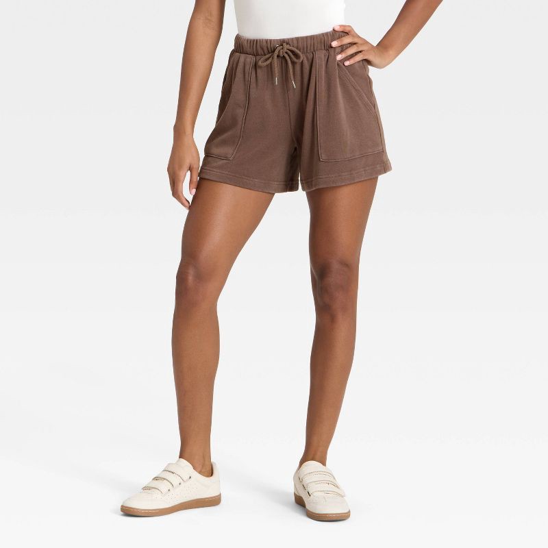 slide 1 of 3, Women's Mid-Thigh Fleece Shorts - Universal Thread™ Brown S, 1 ct