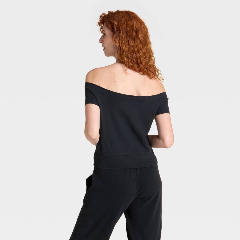 slide 2 of 3, Women's Short Sleeve Off the Shoulder Suede Top - Universal Thread™ Black L, 1 ct
