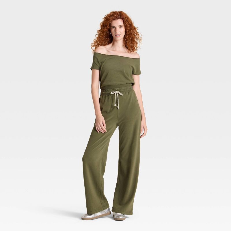 slide 3 of 3, Women's Short Sleeve Off the Shoulder Suede Top - Universal Thread™ Olive Green M, 1 ct