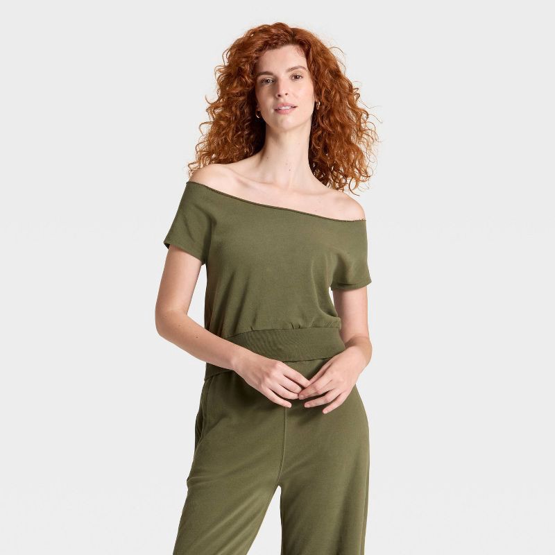 slide 1 of 3, Women's Short Sleeve Off the Shoulder Suede Top - Universal Thread™ Olive Green M, 1 ct