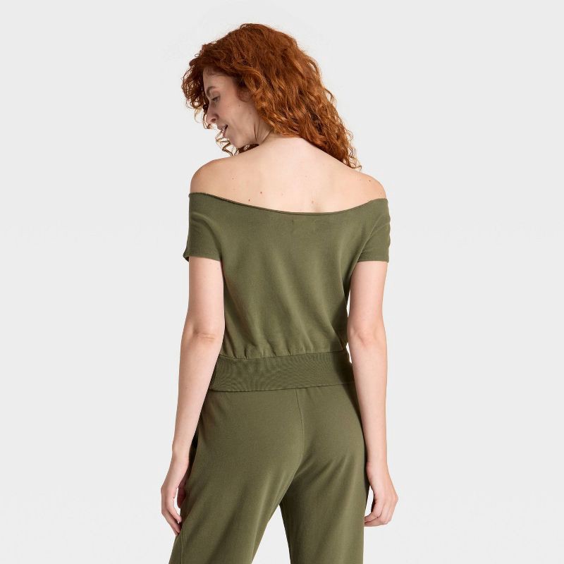 slide 2 of 3, Women's Short Sleeve Off the Shoulder Suede Top - Universal Thread™ Olive Green L, 1 ct