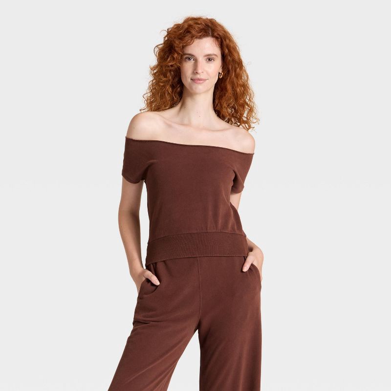 slide 1 of 3, Women's Short Sleeve Off the Shoulder Suede Top - Universal Thread™ Brown S, 1 ct