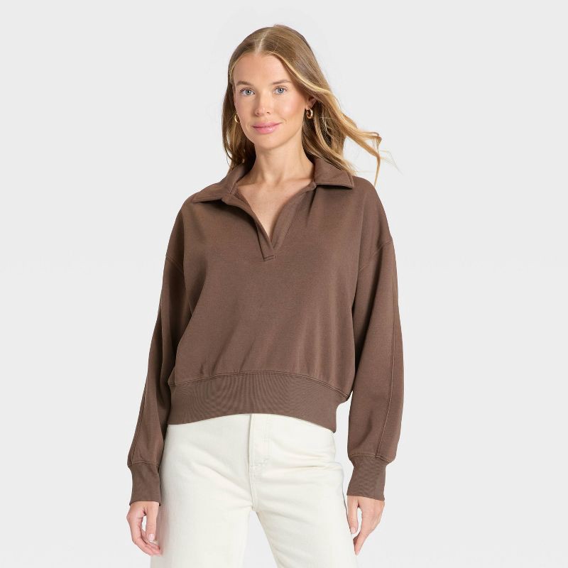 slide 1 of 3, Women's Fleece Polo Sweatshirt - Universal Thread™ Brown XS, 1 ct