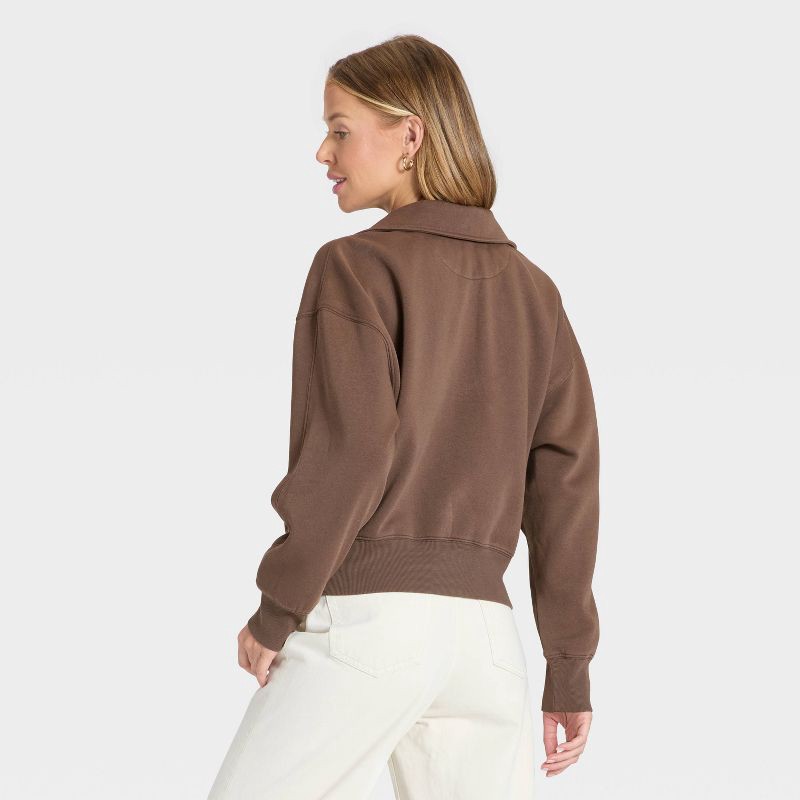slide 2 of 3, Women's Fleece Polo Sweatshirt - Universal Thread™ Brown L, 1 ct