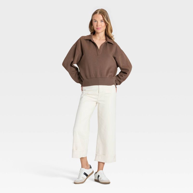 slide 3 of 3, Women's Fleece Polo Sweatshirt - Universal Thread™ Brown XL, 1 ct