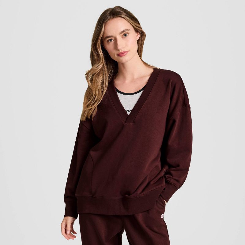 slide 1 of 5, Champion Women's Long Sleeve V-Neck French Terry Pullover - Maroon M, 1 ct