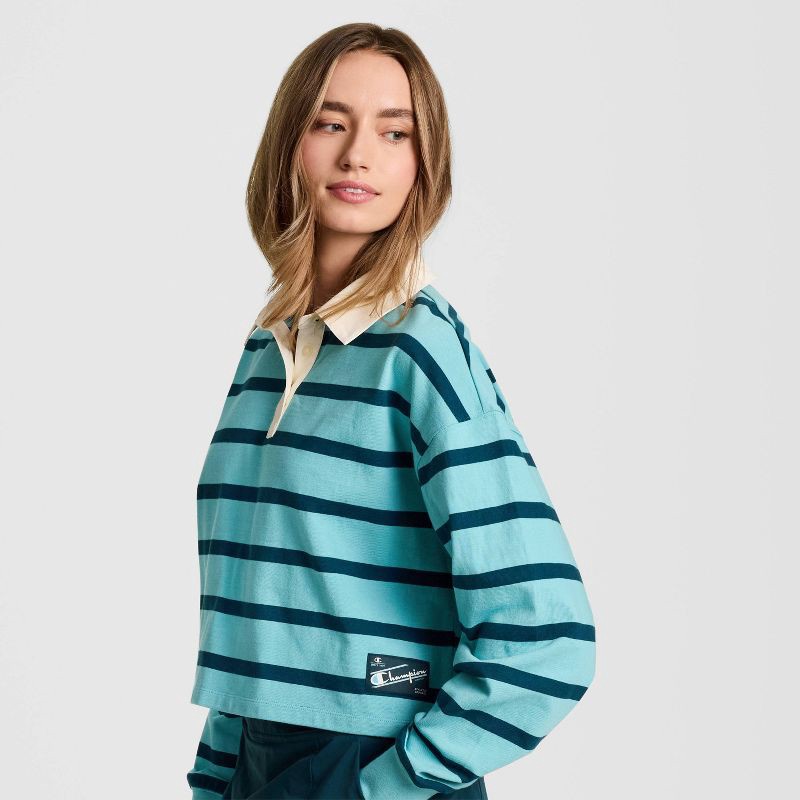 slide 4 of 5, Champion Women's Long Sleeve Rugby Shirt - Teal Blue Striped L, 1 ct