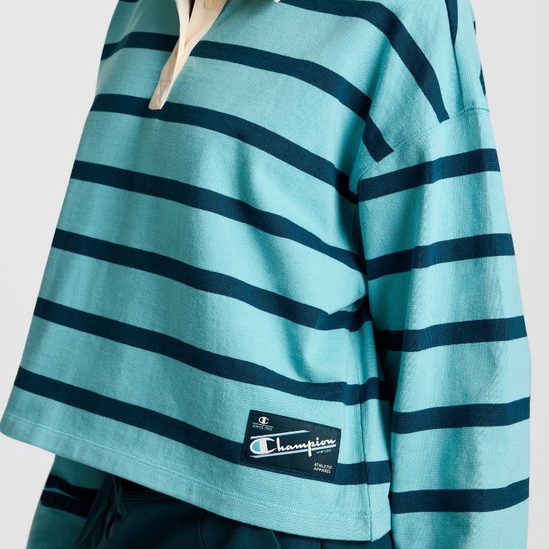 slide 2 of 5, Champion Women's Long Sleeve Rugby Shirt - Teal Blue Striped L, 1 ct