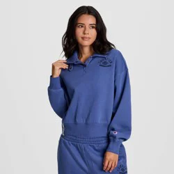 Champion Women's Long Sleeve Fleece 1/4 Snap Cropped Pullover - Blue L