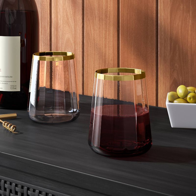 slide 2 of 3, 16.2 fl oz Faceted Stemless Wine Glass Gold Rimmed Clear - Threshold™, 16.2 fl oz