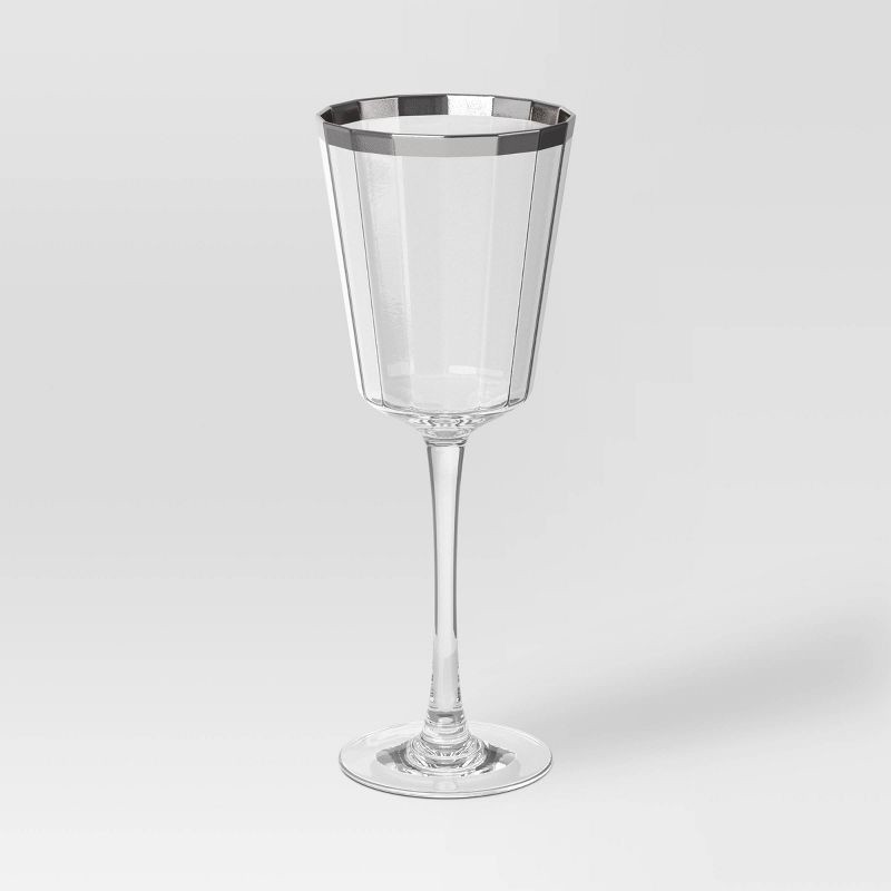 slide 1 of 3, 9.1 fl oz Faceted Stemmed Wine Glass Silver Rimmed Clear - Threshold™, 9.1 fl oz