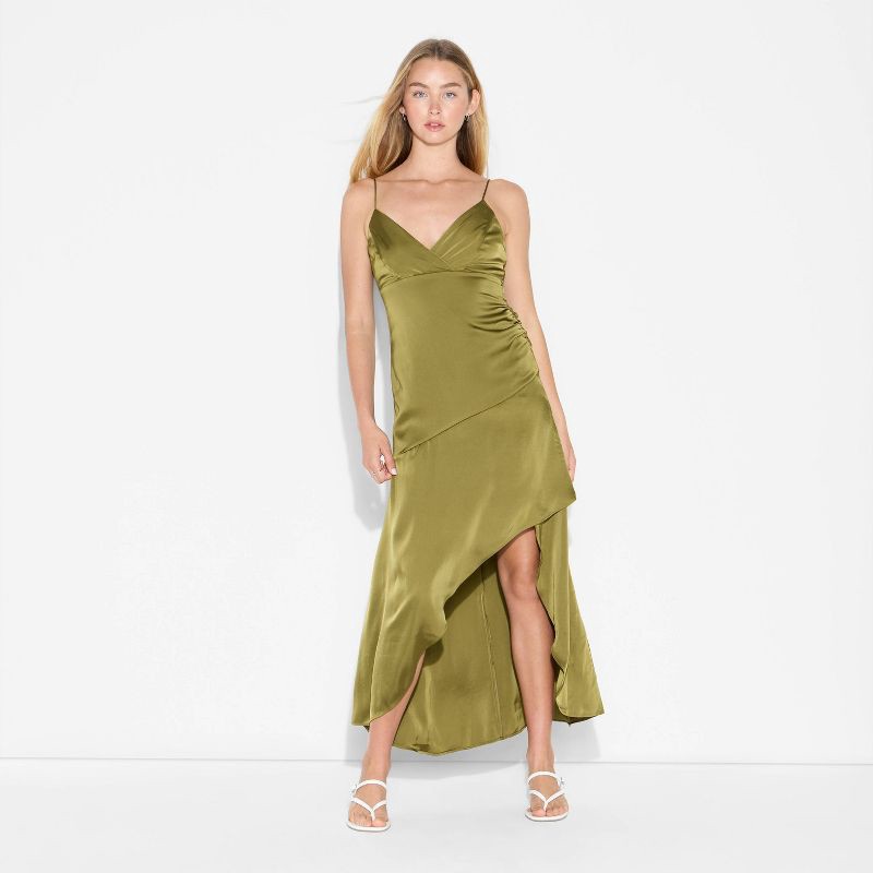 slide 2 of 3, Women's Satin Asymmetrical Maxi A-Line Dress - Wild Fable™ Olive Green L, 1 ct