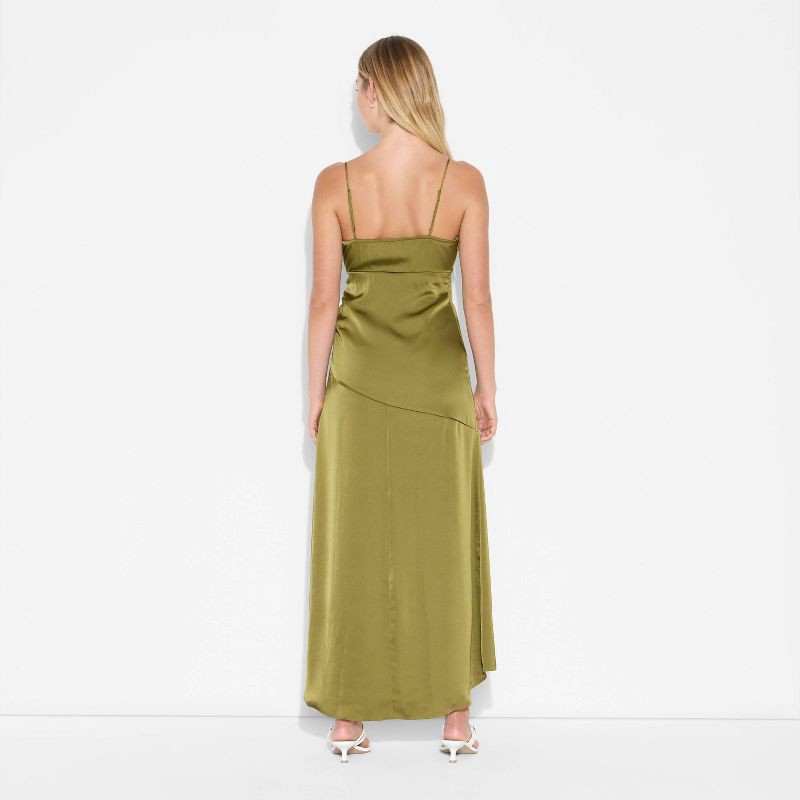 slide 3 of 3, Women's Satin Asymmetrical Maxi A-Line Dress - Wild Fable™ Olive Green L, 1 ct