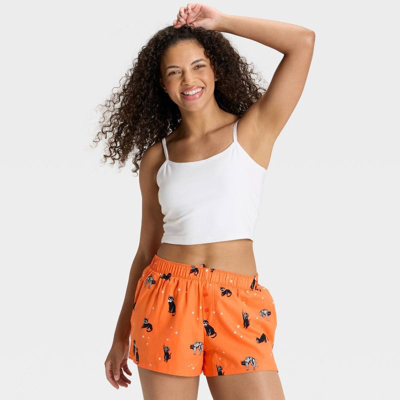 slide 4 of 5, Women's Halloween Cats Flannel Boxer Pajama Shorts - Hyde and EEK! Boutique™ Orange S, 1 ct