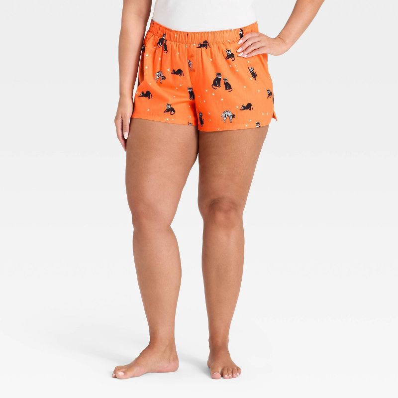slide 5 of 5, Women's Halloween Cats Flannel Boxer Pajama Shorts - Hyde and EEK! Boutique™ Orange S, 1 ct