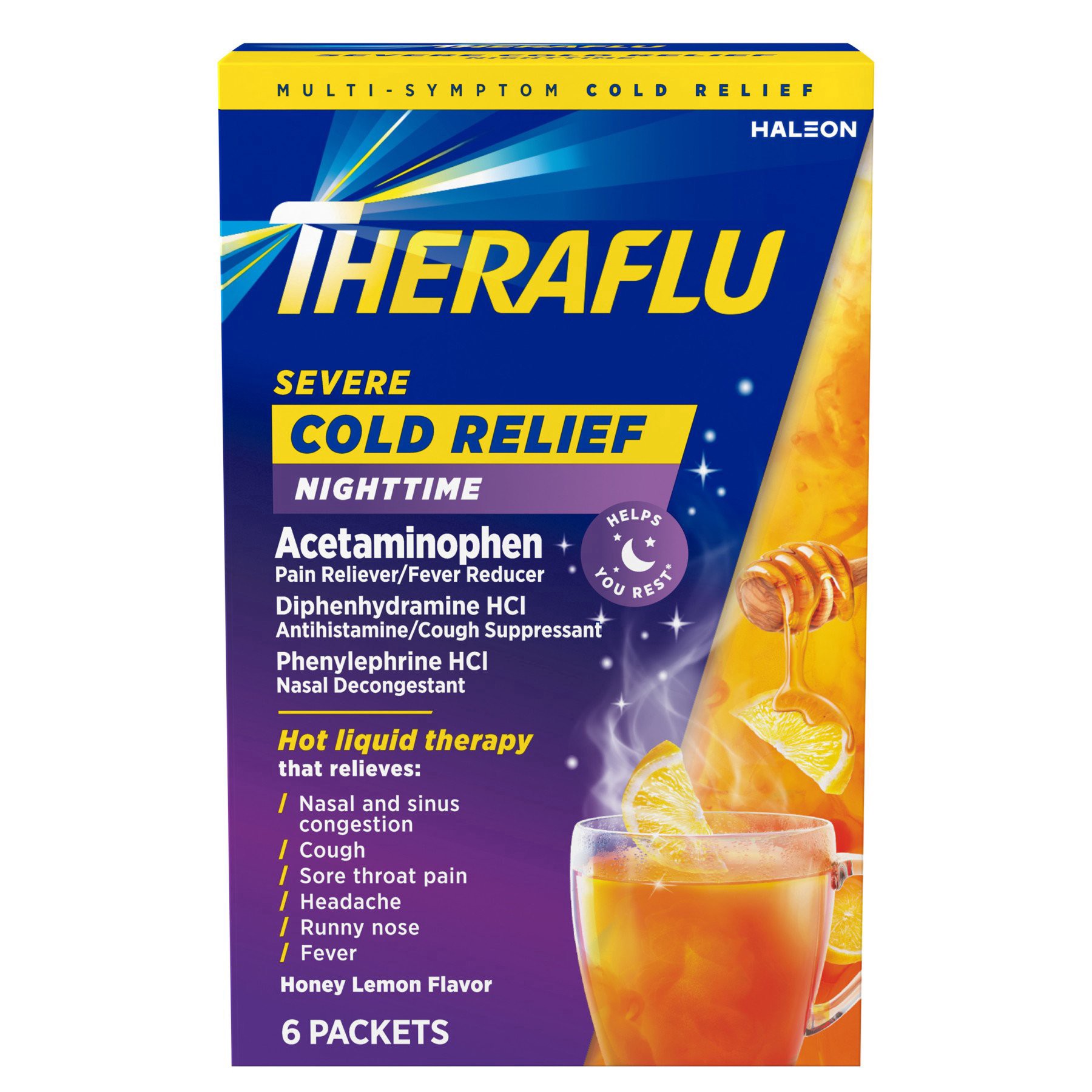 slide 1 of 4, Theraflu Nighttime Severe Cold and Cough Hot Liquid Powder, 6 ct