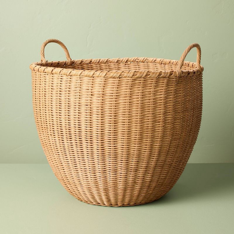 slide 1 of 4, Hearth & Hand with Magnolia Large Round Woven Rattan Storage Basket with Handles - Hearth & Hand™ with Magnolia, 1 ct