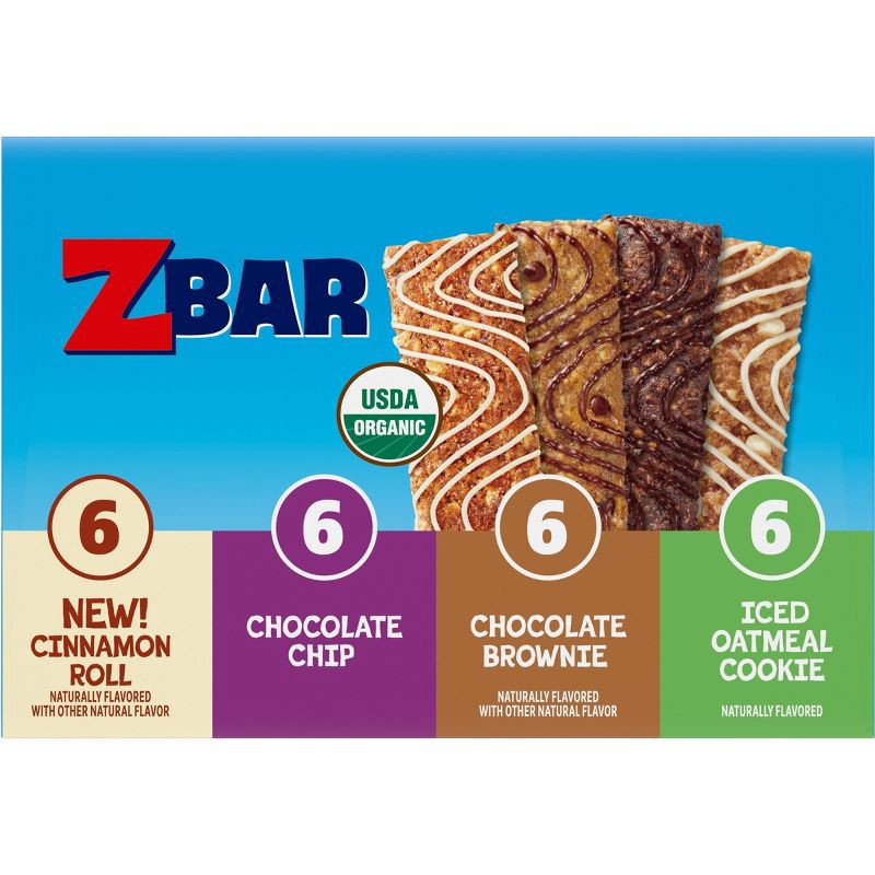 slide 11 of 12, CLIF KID ZBAR Cinnamon Roll, Chocolate Chip, Chocolate Brownie & Iced Oatmeal Cookie Granola Bar Variety Pack Organic - 30.48oz/24pk, 30.48 oz, 24 ct