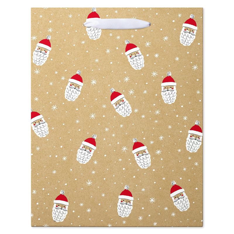 slide 2 of 4, American Greetings 13" Large Christmas Gift Bag Santa Faces on Kraft, 1 ct