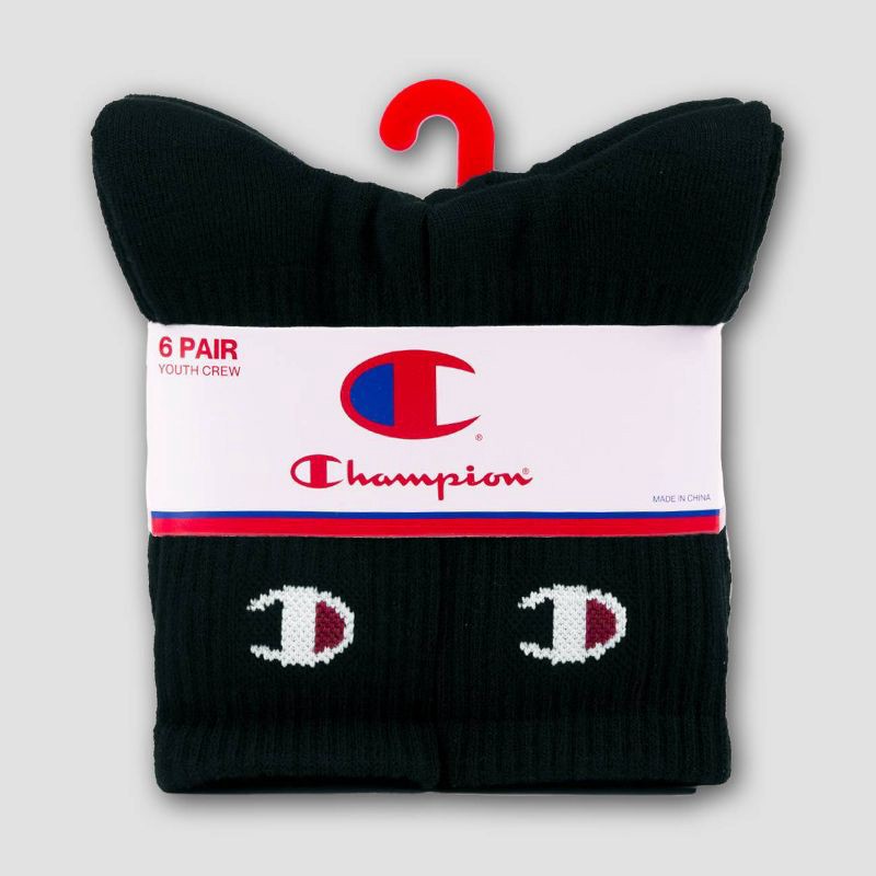 slide 2 of 4, Champion Boys' 6pk Crew Socks - Black M, 6 ct