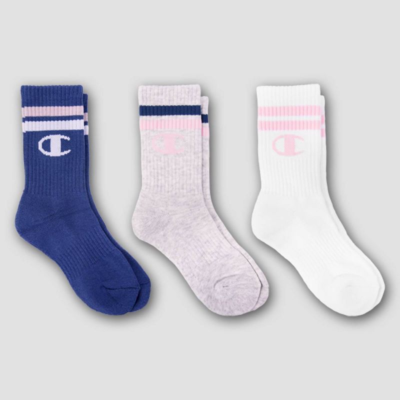 slide 3 of 4, Champion Girls' 3pk Crew Socks - Blue M, 3 ct