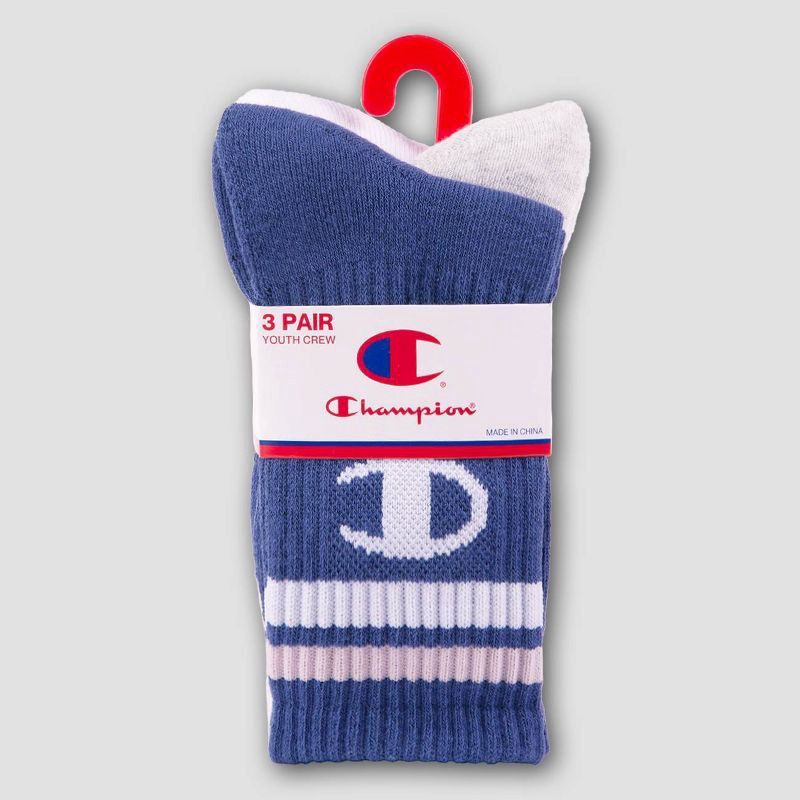 slide 2 of 4, Champion Girls' 3pk Crew Socks - Blue L, 3 ct