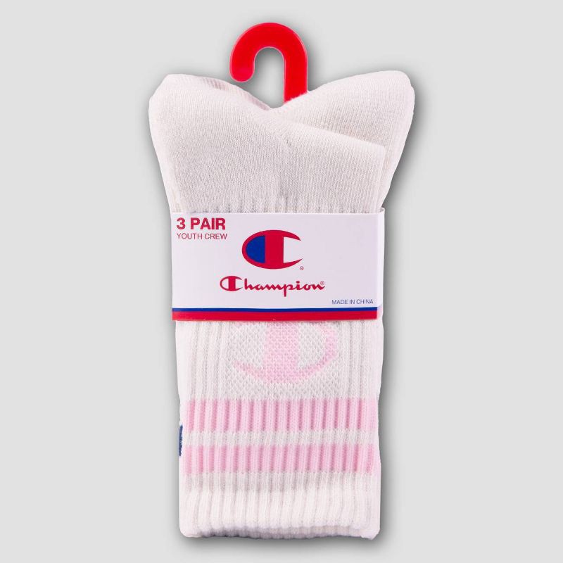 slide 2 of 4, Champion Girls' 3pk Crew Socks - Pink L, 3 ct