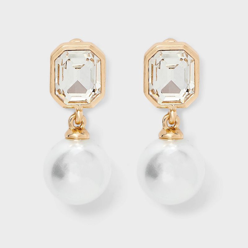 slide 1 of 3, Classic Pearl Drop Earrings with Stone Post - A New Day™ Gold, 1 ct