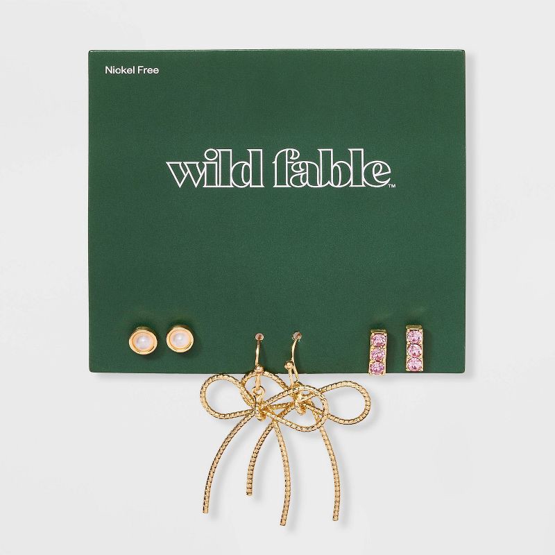 slide 2 of 3, Simulated Pearl and Bow Drop Earring Set 3pc - Wild Fable™ Pink/Gold, 3 ct