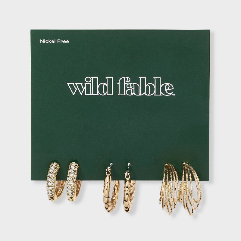 slide 2 of 3, Fancy Crystal Hoop Earring Set 3pc - Wild Fable™ Gold, 3 ct