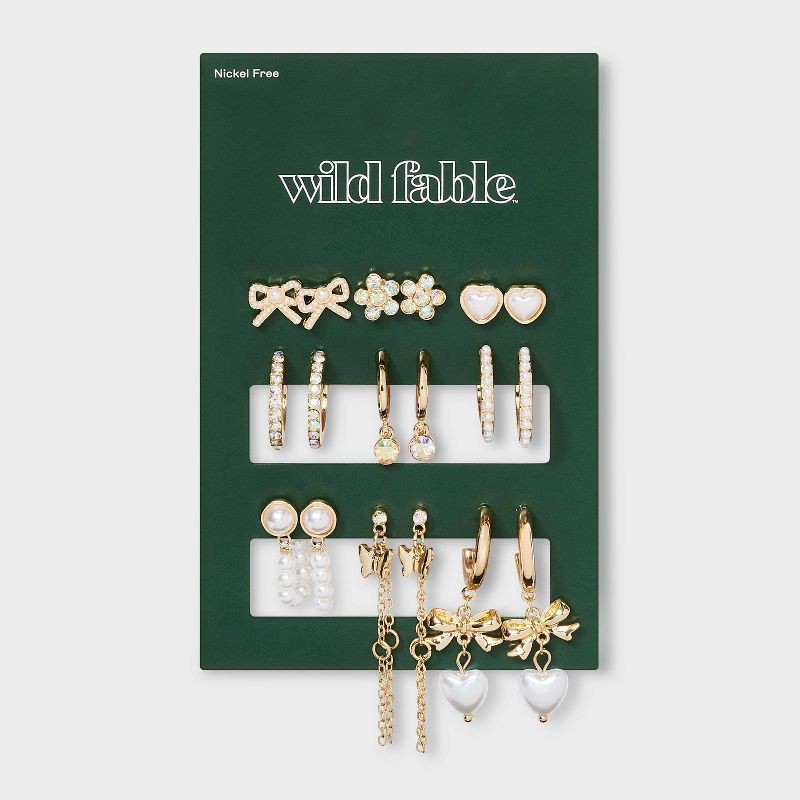 slide 2 of 3, Bow Butterfly and Faux Pearl Earring Set 9pc - Wild Fable™ Gold, 9 ct