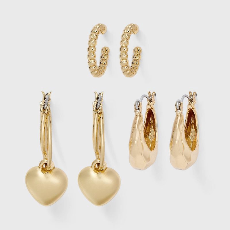 slide 1 of 3, Floating Heart Drop Hoop Earring Set 3pc - Wild Fable™ Gold, 3 ct