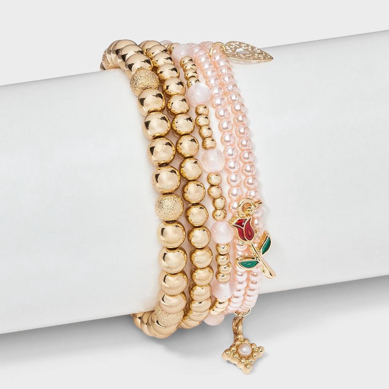 slide 2 of 5, Mixed Beaded and Charm Bracelet Set 5pc - Wild Fable™ Light Pink/Gold, 5 ct