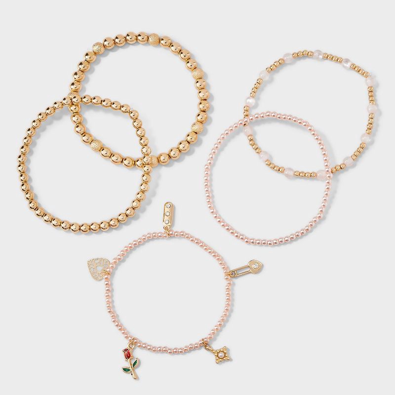 slide 3 of 5, Mixed Beaded and Charm Bracelet Set 5pc - Wild Fable™ Light Pink/Gold, 5 ct