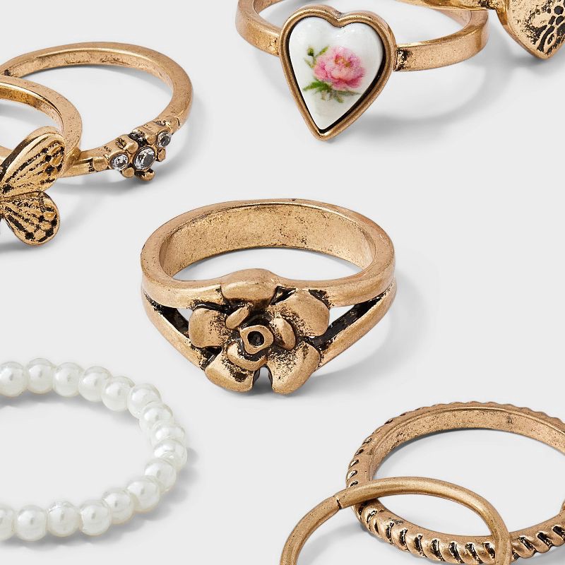 slide 3 of 3, Mixed Heart and Simulated Pearl Ring Set 8pc - Wild Fable™ Gold, 8 ct