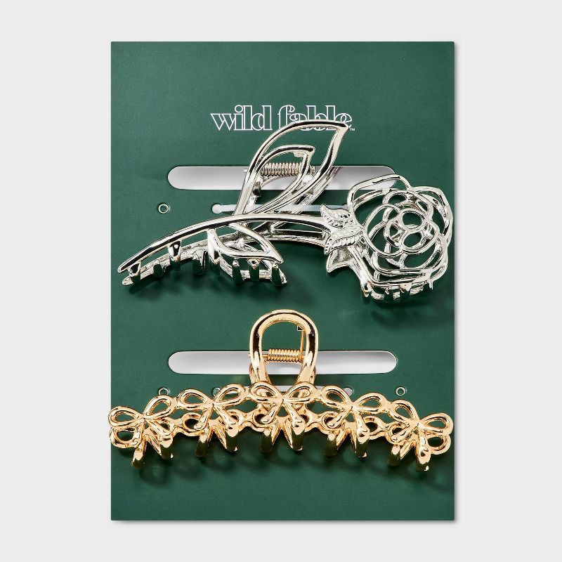 slide 2 of 3, Bow and Rose Claw Hair Clip Set 2pc - Wild Fable™ Gold/Silver, 2 ct