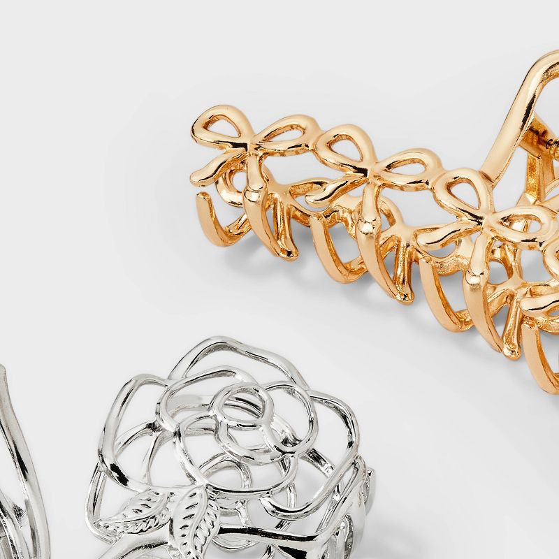 slide 3 of 3, Bow and Rose Claw Hair Clip Set 2pc - Wild Fable™ Gold/Silver, 2 ct