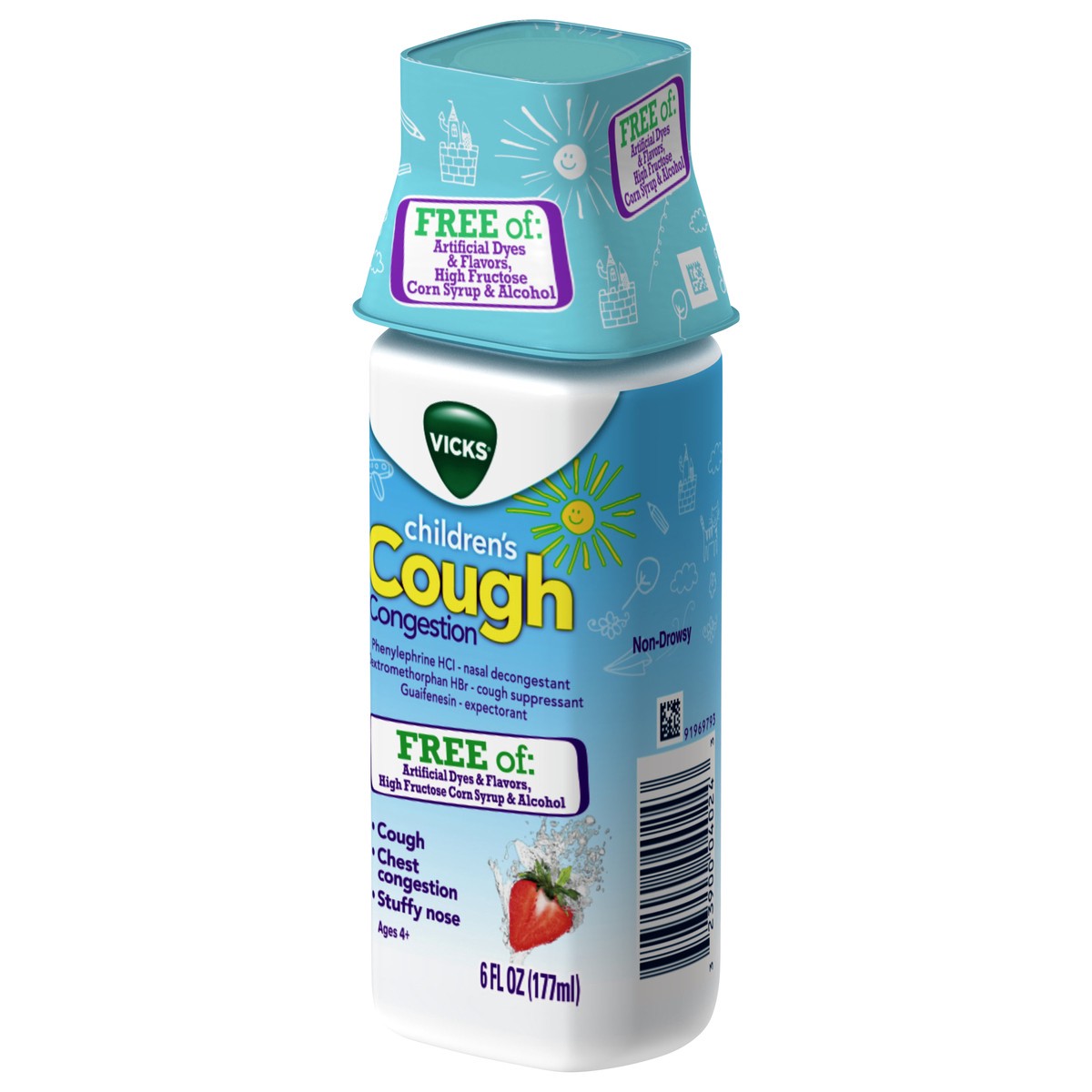 slide 2 of 3, Vicks Children's, Day Cough & Congestion Relief, Free of Artificial Dyes & Flavors, Non-Drowsy Berry Flavor, 6 FL OZ, 6 fl oz