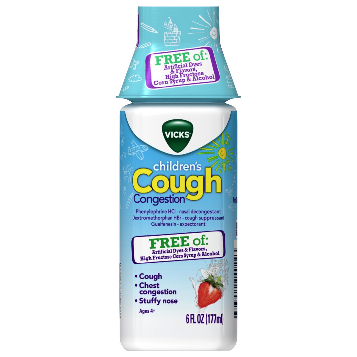 slide 1 of 3, Vicks Children's, Day Cough & Congestion Relief, Free of Artificial Dyes & Flavors, Non-Drowsy Berry Flavor, 6 FL OZ, 6 fl oz