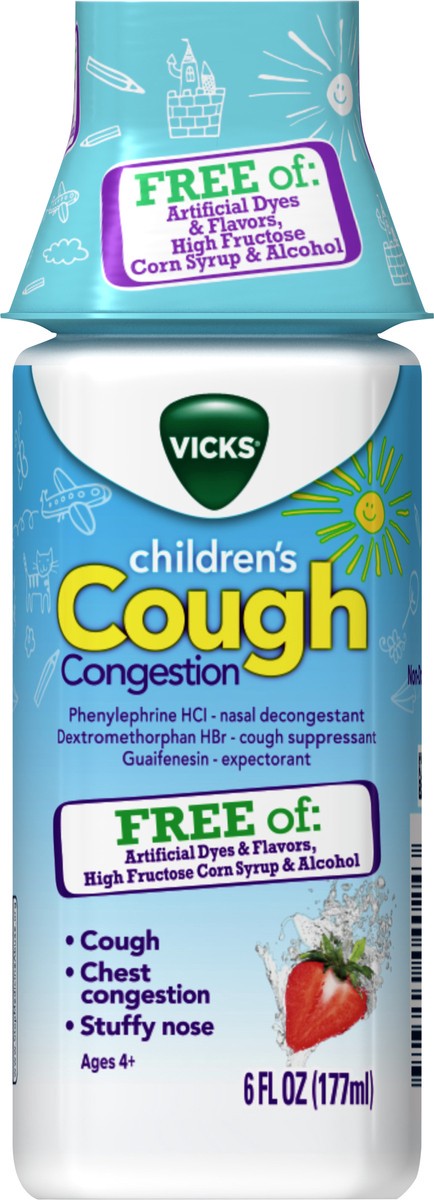 slide 3 of 3, Vicks Children's, Day Cough & Congestion Relief, Free of Artificial Dyes & Flavors, Non-Drowsy Berry Flavor, 6 FL OZ, 6 fl oz