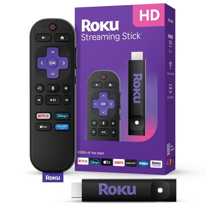 slide 1 of 12, Roku Streaming Stick 2025 HD Roku Streaming Device with Voice Remote: Wi-Fi, HDMI, 1080p, Apple Airplay, 1 ct