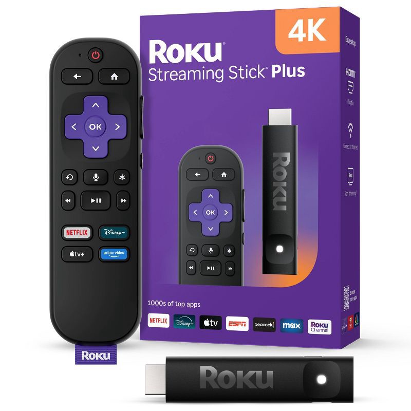 slide 1 of 12, Roku Streaming Stick Plus 2025 4K and HDR Streaming Device with Voice Remote - Free and Live TV Access: Wi-Fi Connectivity, HDMI Compatibility, 1 ct