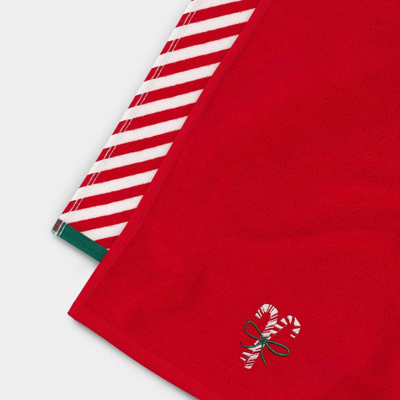 slide 3 of 4, 2pk Candy Cane and Red/White Striped Christmas Hand Towel Set - Wondershop™, 2 ct