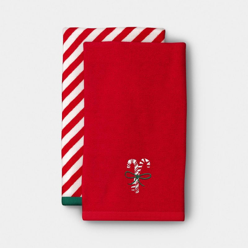 slide 1 of 4, 2pk Candy Cane and Red/White Striped Christmas Hand Towel Set - Wondershop™, 2 ct