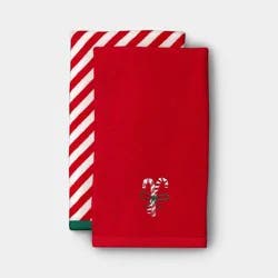 2pk Candy Cane and Red/White Striped Christmas Hand Towel Set - Wondershop™