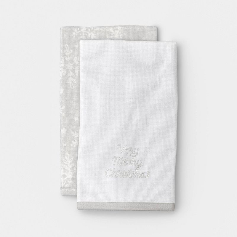 slide 1 of 3, 2pk 'Merry Christmas' and Gray/White Snowflake Christmas Hand Towel Set - Wondershop™, 2 ct