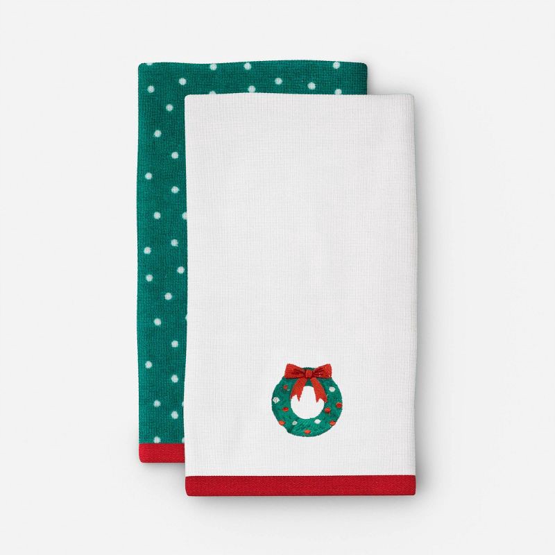 slide 1 of 4, 2pk Wreath and Green/White Dot Christmas Hand Towel Set - Wondershop™, 2 ct