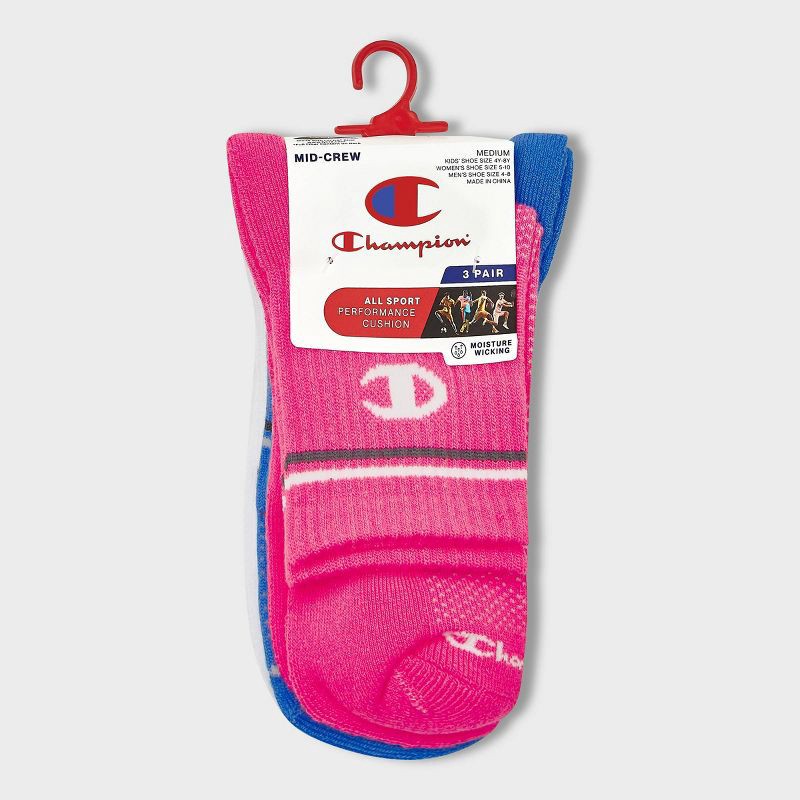 slide 4 of 4, Champion All Sport Performance Mid Crew Socks 3pk - Blue/Pink/White M, 3 ct