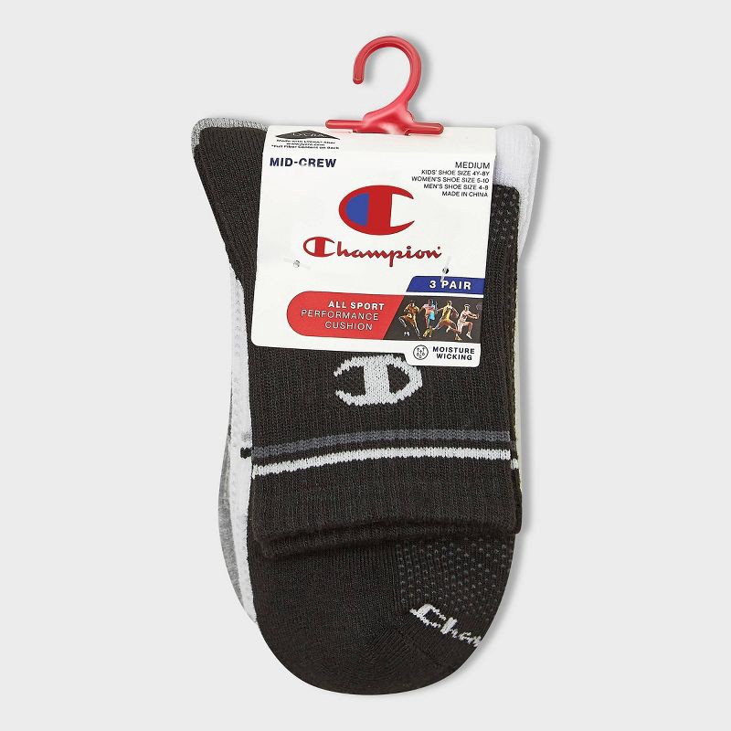 slide 4 of 4, Champion All Sport Performance Mid Crew Socks 3pk - Black/White/Gray S, 3 ct