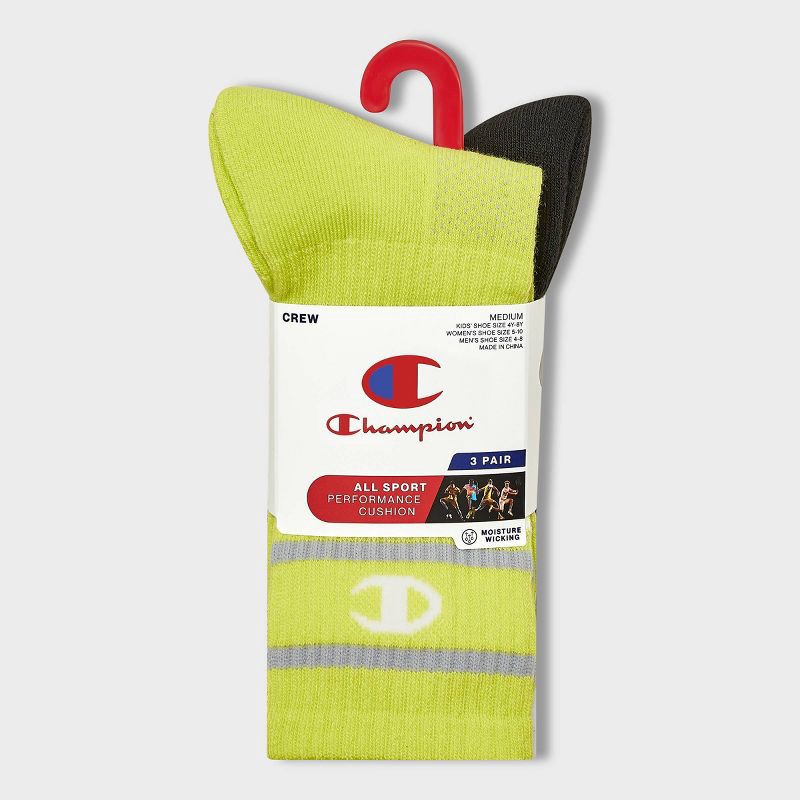 slide 4 of 4, Champion All Sport Performance Crew Socks 3pk - Green Assorted L, 3 ct